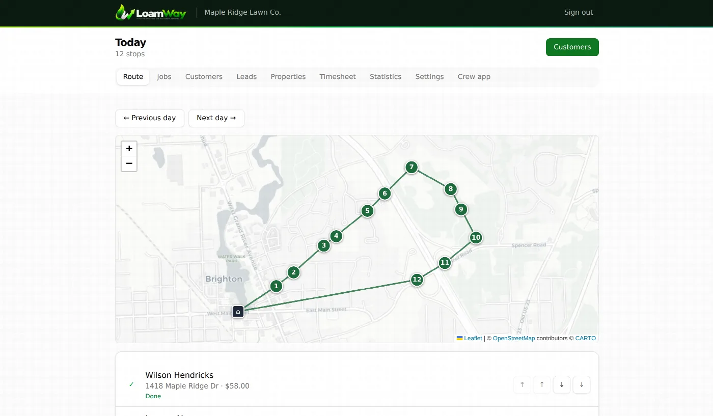 The LoamWay route board: a day's stops in order on a map